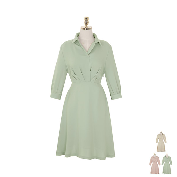 op8891 내추럴한 느낌이 예쁜 허리 핀턱 7부 소매 셔츠 미니 원피스 dress