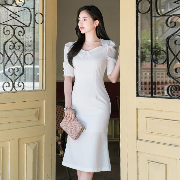 op8966 다이아 스퀘어 네크라인을 따라 카라장식으로 완성된 퍼프소매 머메이드 원피스 dress