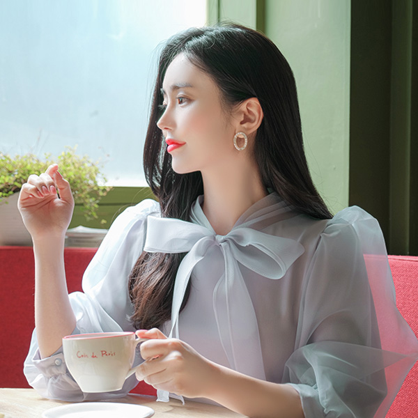 bs5081 오간자 쉬폰 리본 타이 장식으로 로맨틱한 7부소매 블라우스 blouse
