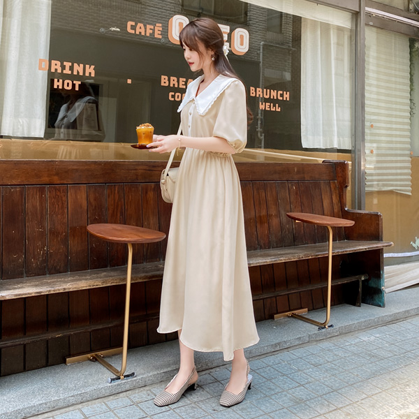 op8988 러블리한 레이스 빅카라장식의 편안함가득 허리밴딩 플레어 롱원피스 dress