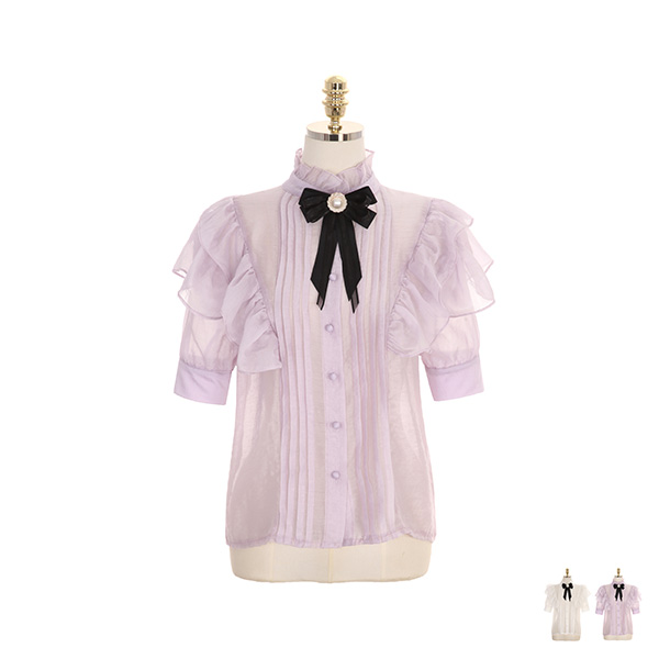 bs5069 리본 브로치로 화려하게 포인트를 준 프릴 시스루 블라우스 blouse