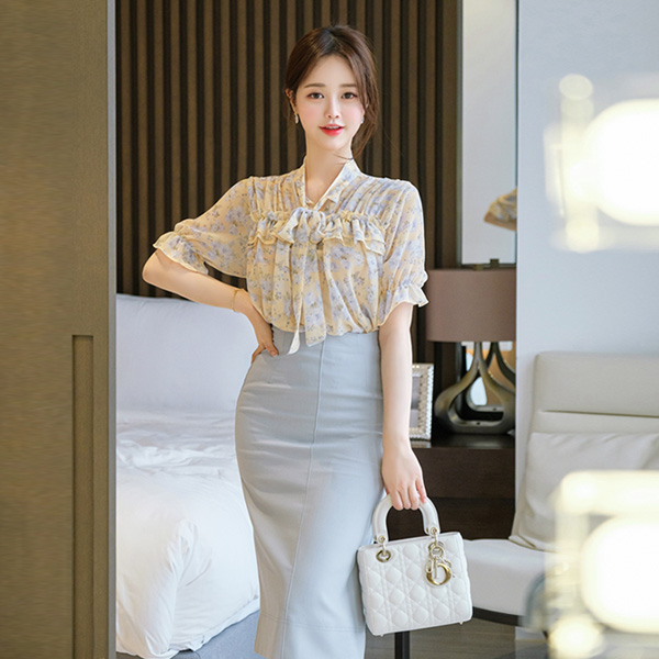 bs5094 사랑스러운 프릴장식이 가득한 플라워 리본타이 쉬폰 블라우스 blouse