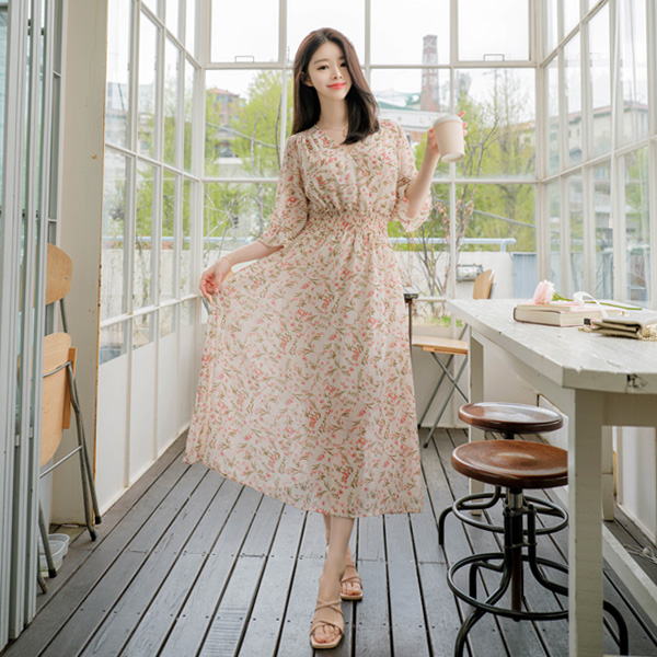 op9014 예쁨 가득한 플라워 패턴의 롱 스모크밴딩 브이넥 원피스 dress