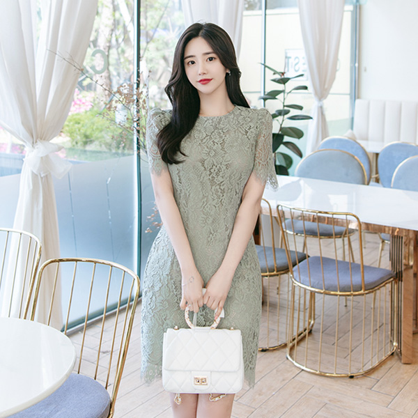op9021 하이퀄리티의 물결 라인으로 페미닌한 H라인 레이스 원피스 dress