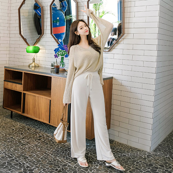 ps2160 보들보들 쫀득한 소재감의 편안한 루즈핏 밑단 슬릿포인트 롱다리 밴딩 팬츠 pants