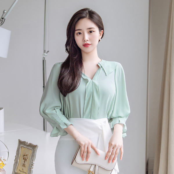 bs5109 핀턱 7부 소매와 와이드 카라 장식의 브이넥 쉬폰 블라우스 blouse