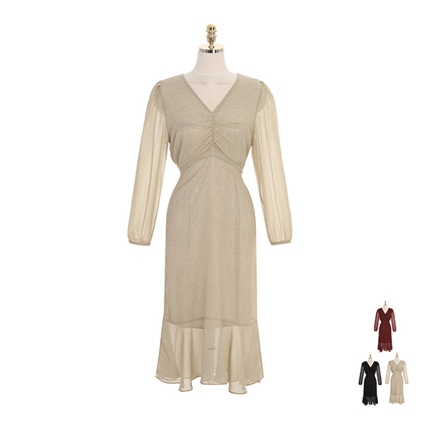 op9003 잔잔한 도트 패턴으로 완성된 로맨틱 가슴 셔링 롱 쉬폰 원피스 dress