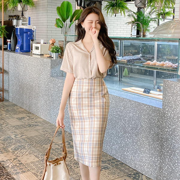 sk4095 따스한 색감의 체크 패턴으로 완성된 H라인 롱 트임 스커트 skirt