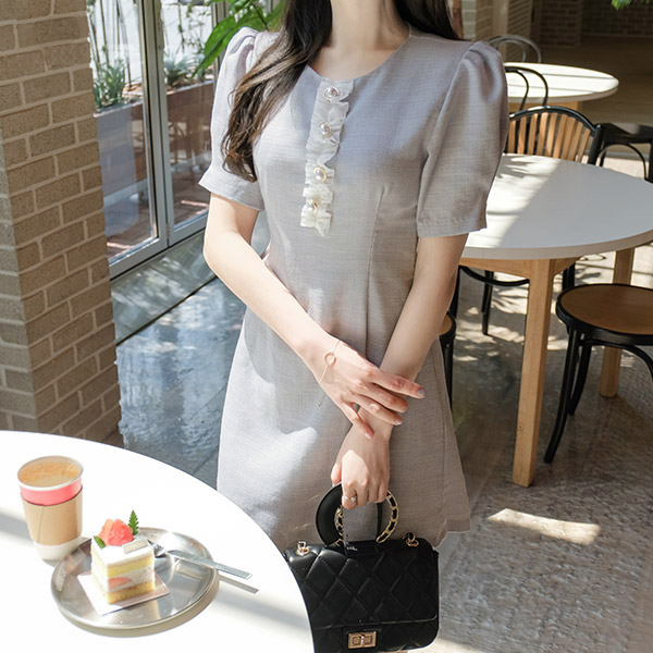 op9028 브랜드 감성이 느껴지는 프릴장식 진주포인트의 로맨틱 미니 트위드 원피스 dress