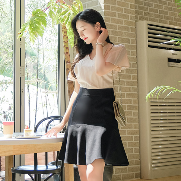 op9030 가녀린 날개소매 디자인의 고급스러운 배색디자인 로맨틱 플레어원피스 dress