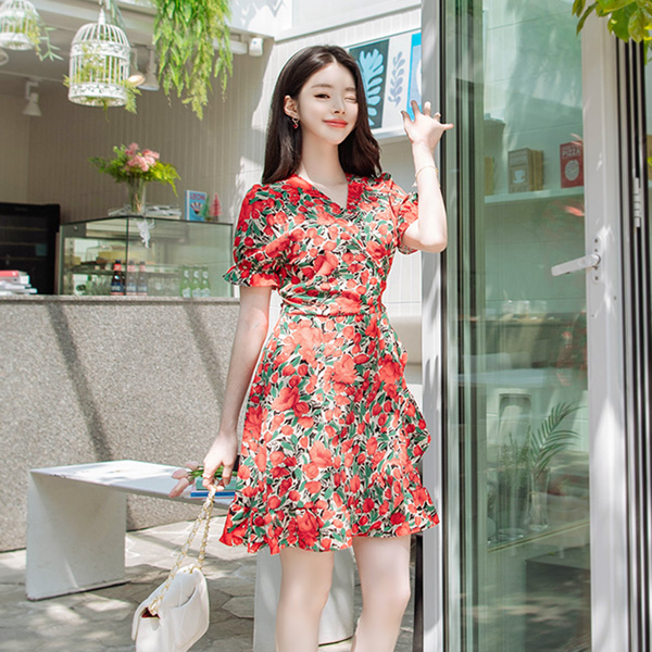 op9045 로즈 플라워 패턴의 랩디테일 프릴 미니원피스 dress