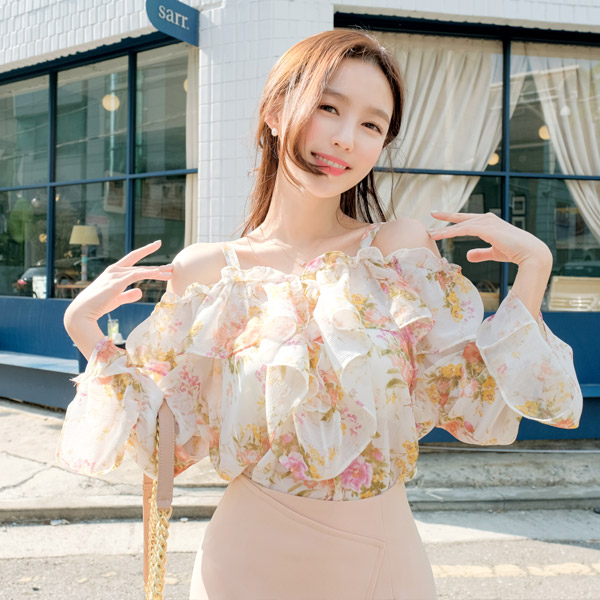 bs5120 플라워 쉬폰 패브릭의 러플 장식 스트랩 오프숄더 블라우스 blouse