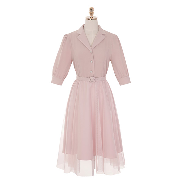op9010 진주 버튼 블라우스와 샤 스커트를 코디한 듯한 일체형 벨트 원피스 dress