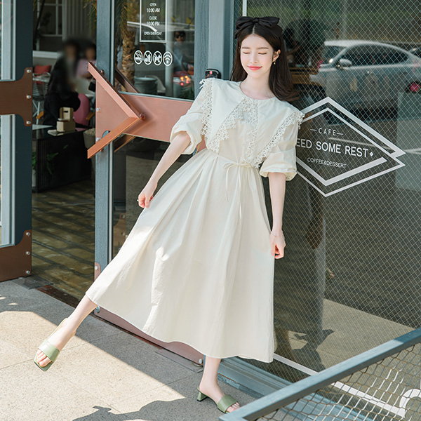op9075 인형처럼 작은 얼굴 돋보여주는 펀칭레이스 빅카라넥 디자인의 A라인 롱원피스 dress