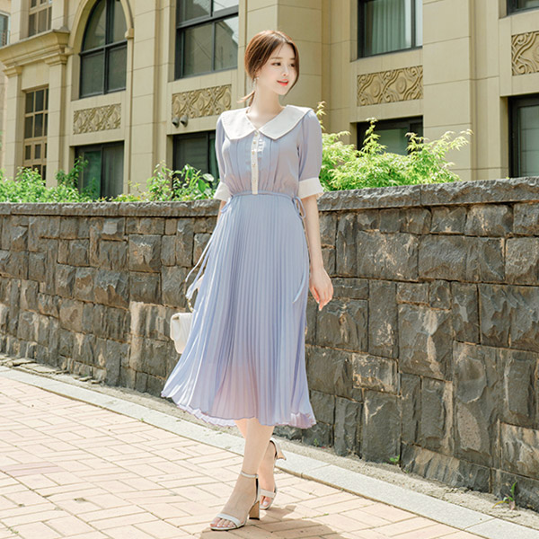 op9112 여성스러운 빅 카라 쉬폰 플리츠 원피스 dress