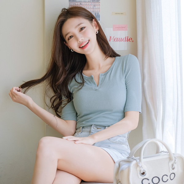 ts2043 부드러운 터치감과 높은 신축성을 자랑하는 데일리 트임 골지 티셔츠 tee