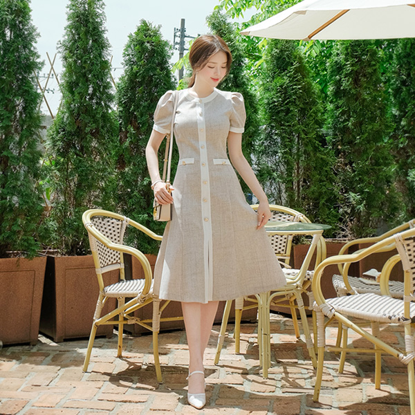 op9109 라이트한 간절기 트위드 원단의 H라인 슬림 롱 원피스 dress