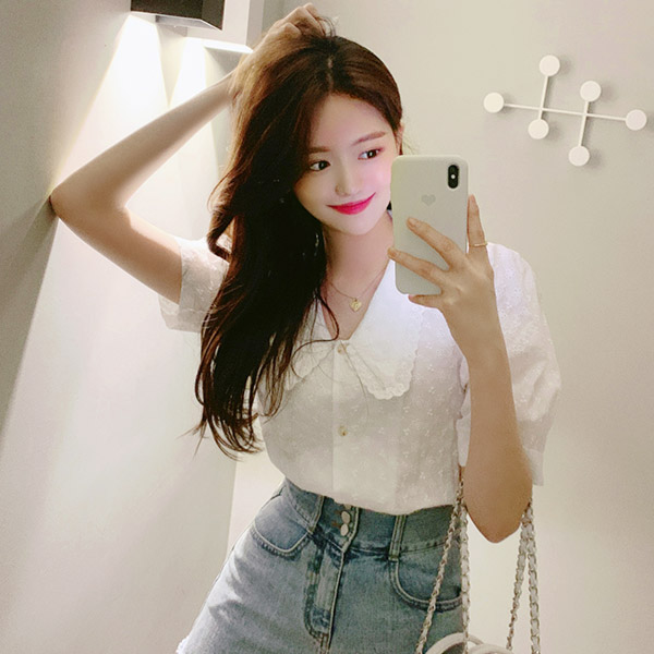 bs5143 깊은 V넥 카라 디자인의 플라워 펀칭 레이스 반팔 블라우스 blouse