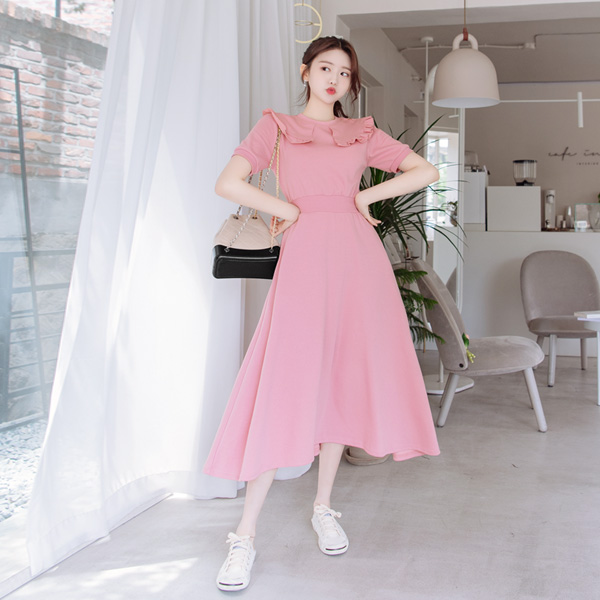 op9119 편안한 허리 밴딩과 사랑스러운 프릴 카라 장식의 코튼 플레어 롱원피스 dress