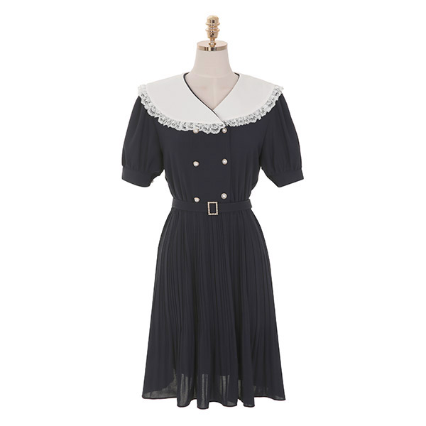op9058 진주 벨트로 포인트를 준 레이스 배색 카라 플리츠 미니 원피스 dress
