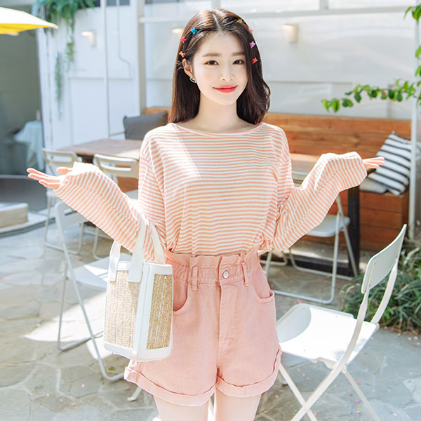 ts2037 1+1 여름에 즐기기 좋은 시스루 긴팔 스트라이프 티셔츠 tee