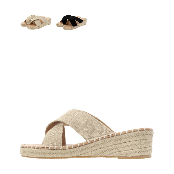 sh1868 크로스 스트랩과 라운드 쉐입의 라탄 웨지 미들 뮬 힐 shoes