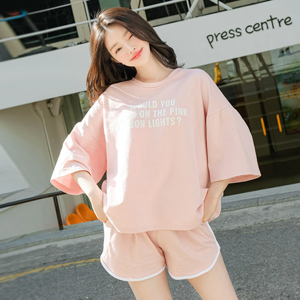 op9130 이지하게 즐기기 좋은 레터링 티셔츠와 컬러배색 숏팬츠 투피스 세트 two piece set