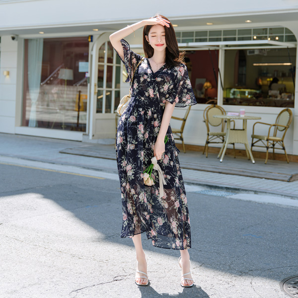 op9131 입는 순간 여신무드를 선사할 플라워 패턴 쉬폰 롱 원피스 dress