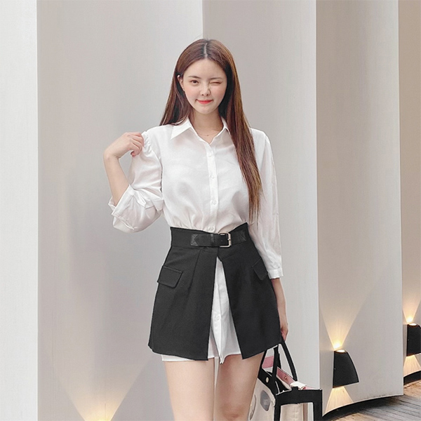 op9083 스타일리쉬하게 연출되는 롱 셔츠와 벨티드 슬릿 스커트 구성의 투피스 세트 two piece set