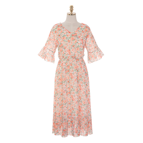 op9084 화려한 플라워 프린팅이 돋보이는 백리본 쉬폰 미디 원피스 dress