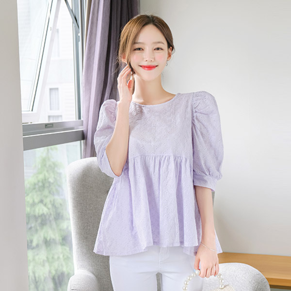 bs5148 페플럼 라인으로 사랑스러운 펀칭 레이스 블라우스 blouse