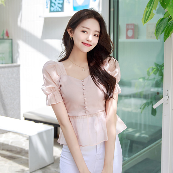 bs5146 로맨틱한 뷔스티에를 입은 듯 사랑스러운 레이어드 시스루 페플럼 블라우스 blouse