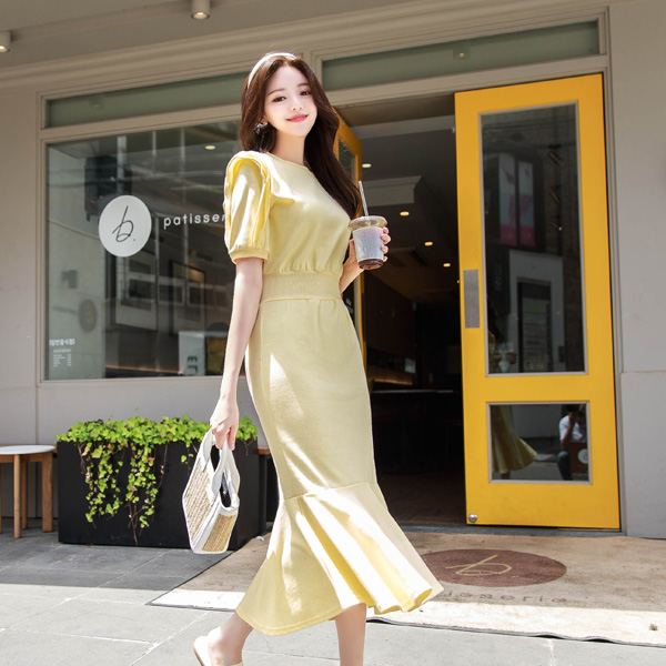 op9134 러블리한 이중 프릴라인 소매포인트의 허리밴딩 머메이드 롱원피스 dress