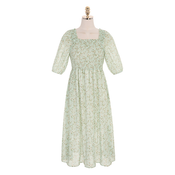 op9094 드레시한 실루엣을 선사할 플라워 패턴 스모크 밴딩 미디 원피스 dress