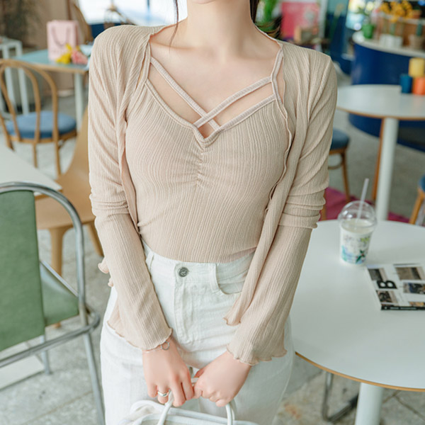 cd1394 산뜻하게 입기좋은 여름소재 X자 꼬임 나시티와 내츄럴 셔링가디건 세트 cardigan set