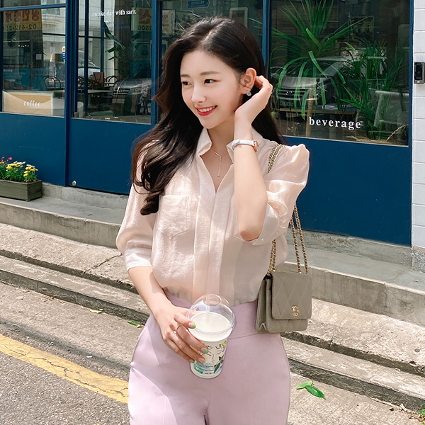 bs5152 은은하게 빛나는 시스루소재의 양포켓디자인 베이직 반팔 블라우스 blouse