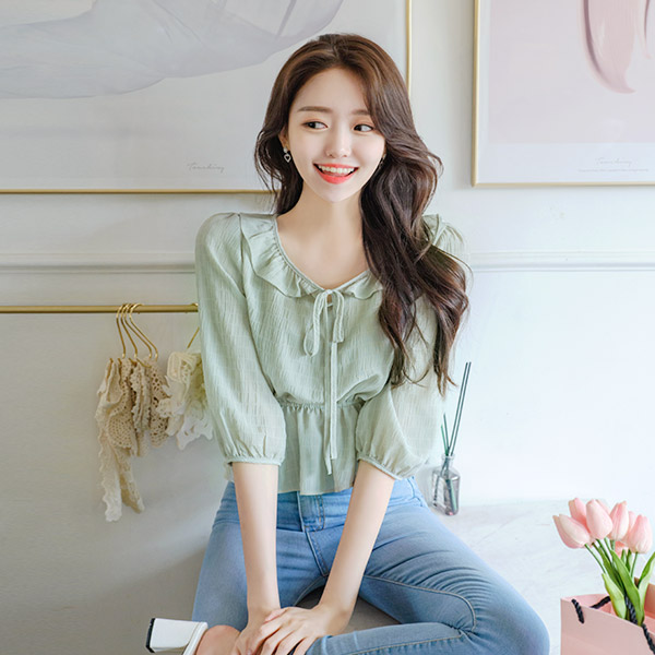 bs5154 리본 프릴 카라넥 7부 밴딩 페플럼 블라우스 blouse