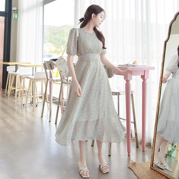 op9165 청순한 잔꽃으로 가득한 여리여리 패턴의 프린세스 쉬폰 롱원피스 dress