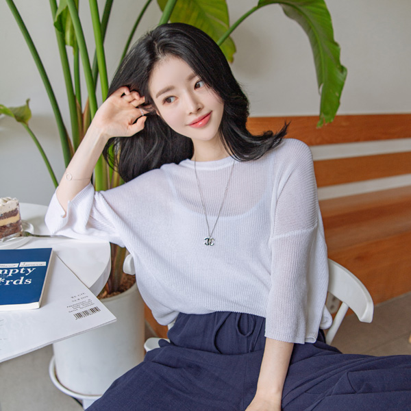 nt2174 쿨링감 가득한 하찌짜임의 루즈핏 베이직 라운드넥니트 knit