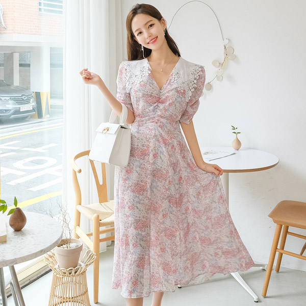 op9205 여성스러운 파스텔톤의 플라워 레이스 카라 쉬폰 롱 원피스 dress
