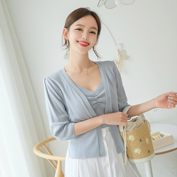 cd1399 시원한 소재로 제작 된 소매 퍼프 7부 숄 니트 가디건 cardigan