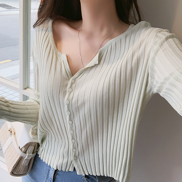 cd1400 화사하고 상큼한 컬러와 여리한 핏감의 버튼 트임포인트 세미크롭 골지 가디건 cardigan