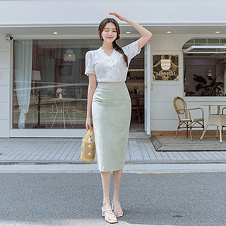 상큼화사한 컬러 구성의 썸머 린넨 라미소재 베이직 H라인 미디 스커트 여름 skirt
