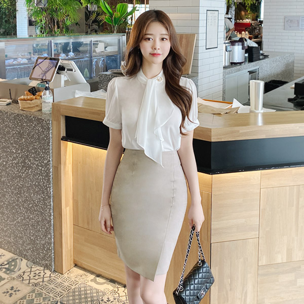 sk4156 세련된 무드가 느껴지는 밑단 다트언발 포인트 디자인의 H라인 미디스커트 skirt
