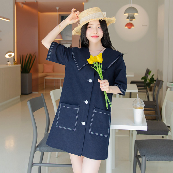 op9254 린넨같은 터치감의 세일러카라 포인트 일자핏 미니 원피스 dress