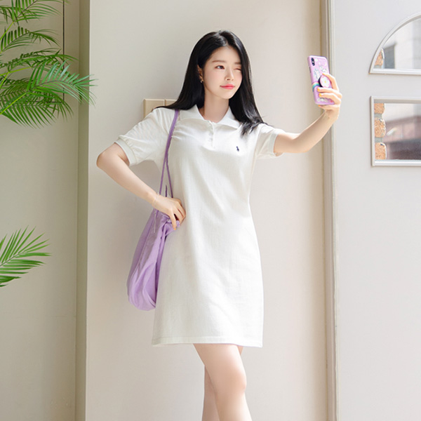 op9257 캐주얼하게 즐기기 좋은 자수로고 포인트 일자핏 PK카라 원피스 dress