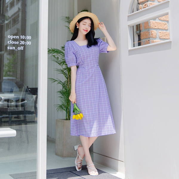 op9256 예쁜 컬러감으로 완성된 체크패턴 스퀘어넥 백리본 롱 원피스 dress