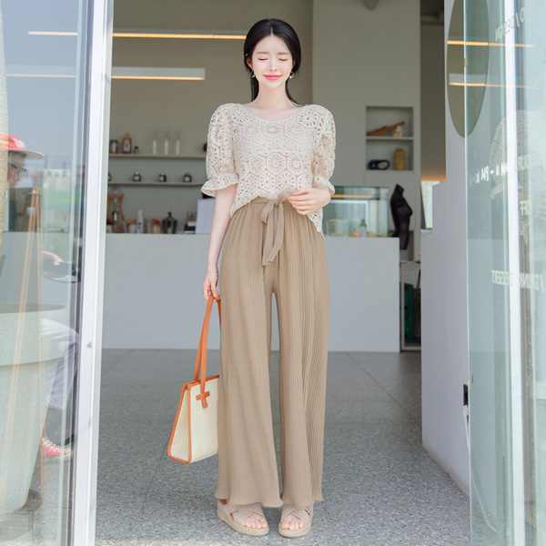 ps2231 편안함 가득한 허리스트랩 세트구성 플리츠 주름 밴딩 와이드 팬츠 pants