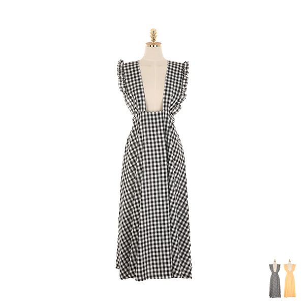 op9243 깅엄 체크 패턴으로 완성된 프릴 서스펜더 플레어 롱 원피스 dress