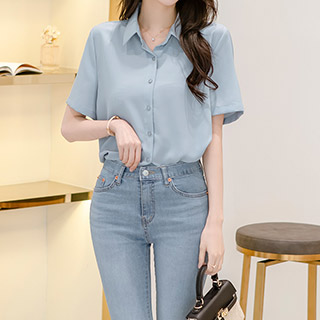 bs5193 찰랑찰랑 쫀쫀한 링클프리 소재감의 심플 베이직 반팔 여름 셔츠 블라우스 blouse